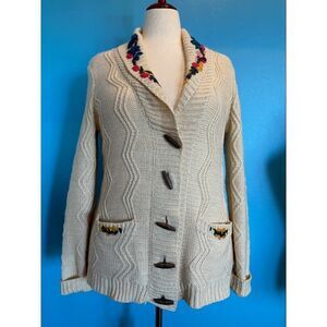 Nick & Mo Cardigan Sweater Crewel On Shawl Collar & Pockets Toggle Button L